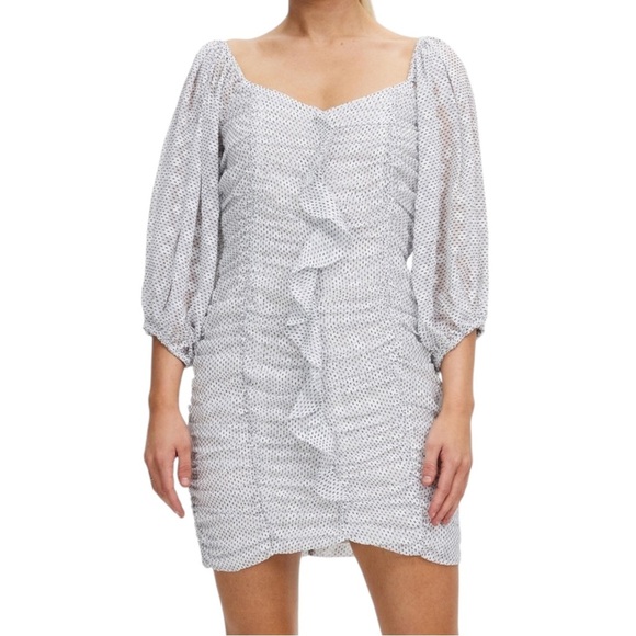 Minkpink Kalea Ruched Mini Dress Black White‎ Ruffle Size Large Balloon Sleeve - Picture 1 of 11